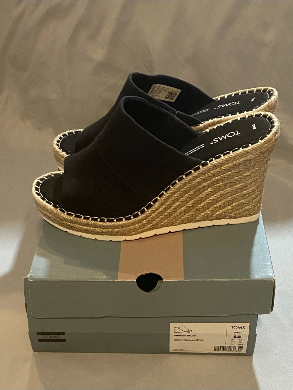 TOMS Black Canvas Espadrille Wedge Mules